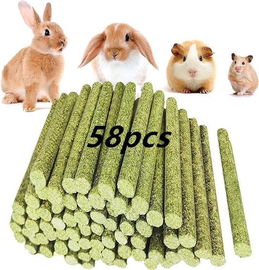 Rabbit Toys,Timothy Hay Stick for Guinea Pig Toy Bunny Chew Toys for Teeth Grinding Hamster Alfalfa Bite Treat Rabbit Molar Food Snack for Pet Rat Chinchilla Squirrel Gerbil-58PCS