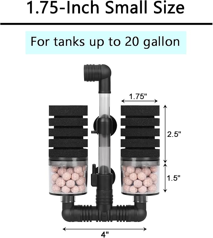 AQUANEAT Aquarium Air Powered Sponge Filter with Ceramic Media Balls, for Betta Fry Shrimp Fish Tank, with 2 Spare Sponges, Small
