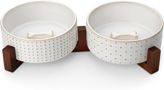 MALACASA Dog Bowl Set with Walnut Wood Stand, 3.5 Cups Ceramic Pet Bowls for Puppy Dogs, Dual Food and Water Bowls with Weighted Non-Slip Base, Basic Bowls for Your Dog or Cat, Rhombic & Polka Dots