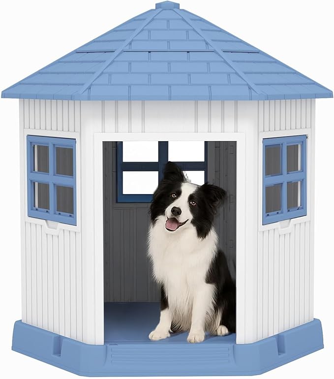 DRATO Dog House Indoor Outdoor Durable Large Dog Shelter with Outside Dog Kennel with Window and Elevated Floor for Small Medium Dogs (Blue, 34.8 * 30.51 * 36.89)