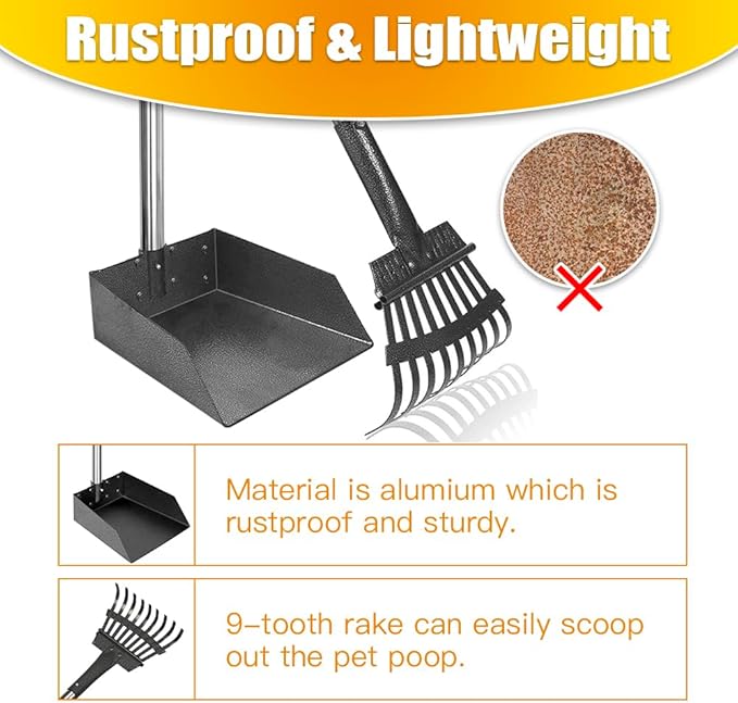 TOOGE Pooper Scooper, Dog Pooper Scooper Long Handle Stainless Metal Tray and Rake for Medium Small Dogs Heavy Duty Pet Supplies to Use for Grass, Dirt or Gravel