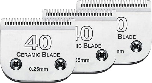 Audoc 3Pcs 40 Blade Dog Grooming Clipper Replacement Blades Compatible with Wahl/Oster Dog Clippers,Detachable Ceramic Blade & Stainless Steel Blade,Size 40 Cut Length 1/100"(0.25mm)