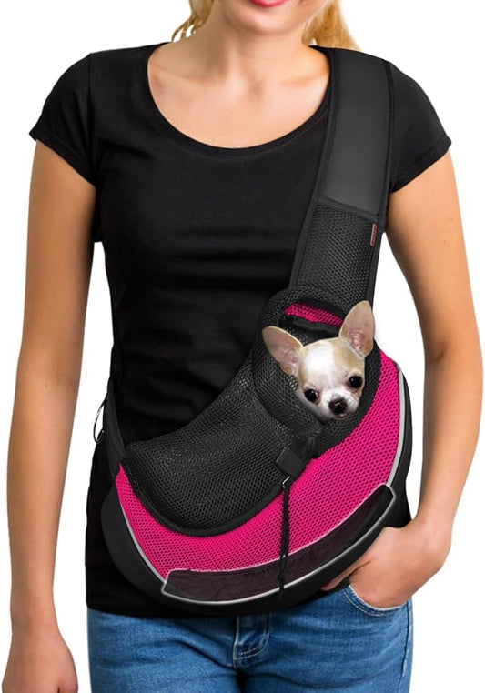 YUDODO Pet Sling Carrier for Small Dogs & Cats – Hands-Free Puppy Carrier with Safety Hook, Large Zipper Pocket, Soft Breathable Mesh, Adjustable Strap & Reflective Strip (Pink 3.0 S)