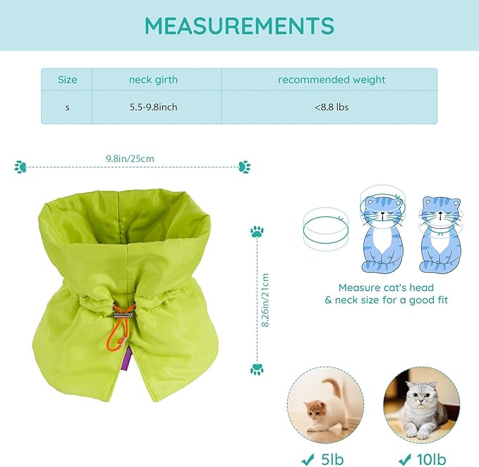 Cat Recovery Collar, Soft Adjustable Cat Cone Alternative, Lightweight Waterproof Fasteners Collars for Cats Kittens Puppies, After Surgery Stop Licking and Daily Use (Green, (Neck 5.5"-9.8"))