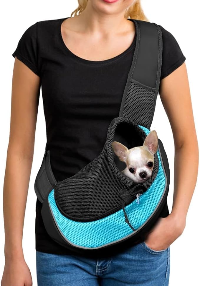 YUDODO Pet Sling Carrier for Small Dogs & Cats – Hands-Free Puppy Carrier with Safety Hook, Large Zipper Pocket, Soft Breathable Mesh, Adjustable Strap & Reflective Strip (Cyan 2.0 M)