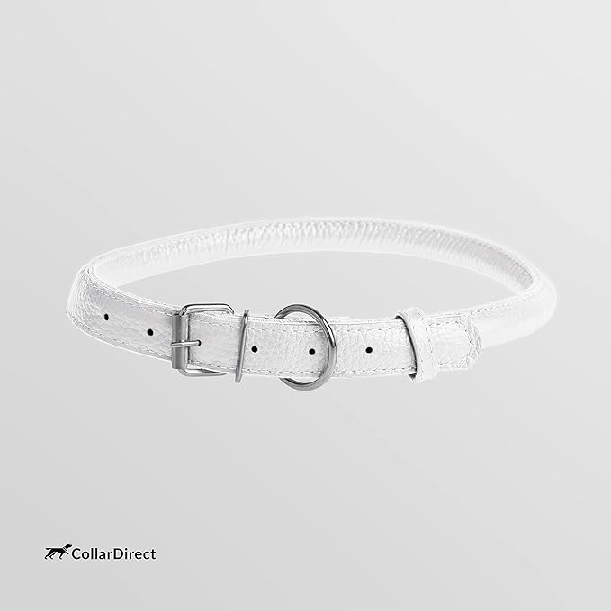 CollarDirect Rolled Leather Dog Collar, Soft Padded Round Puppy Collar, Handmade Genuine Leather Collar Dog Small Large Cat Collars 13 Colors (6-7 Inch, White Textured)