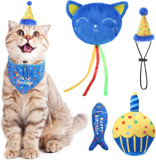 BINGPET Cat Birthday Catnip Toys for Indoor Cats,Cat Birthday Hat,Bandana and Cat Birthday Cake Interactive Plush Kitten Chew Toys,Cute Fish,Balloon Toys with Crinkle Paper and Catnip Inside(Blue)