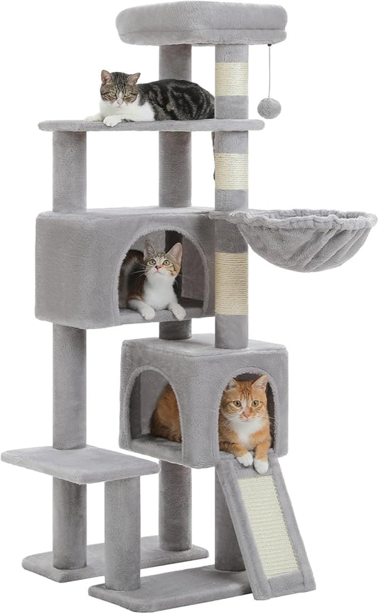 PAWZ Road Cat Tree, 51.6 Inches Cat Tower with Dual Condos, Spacious Perch, Cozy Basket and Sisal-Covered Scratching Posts for Indoor Cats- Gray