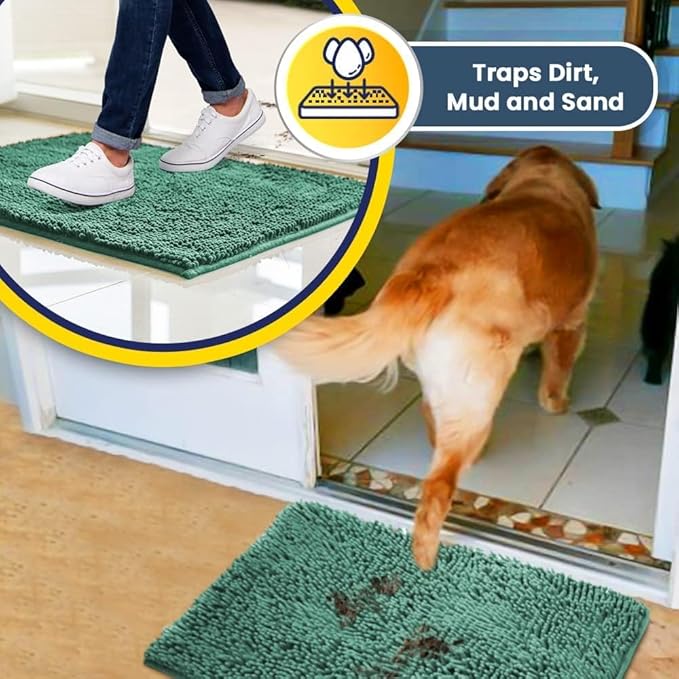 Muddy Mat® Pack of 3 Highly Absorbent Microfiber Dog Door Mat and Pet Rug, Non Slip Thick Washable Area Mat Soft Chenille for Kitchen Bathroom Bedroom and Outdoor - Sea Green Small, Medium & Large