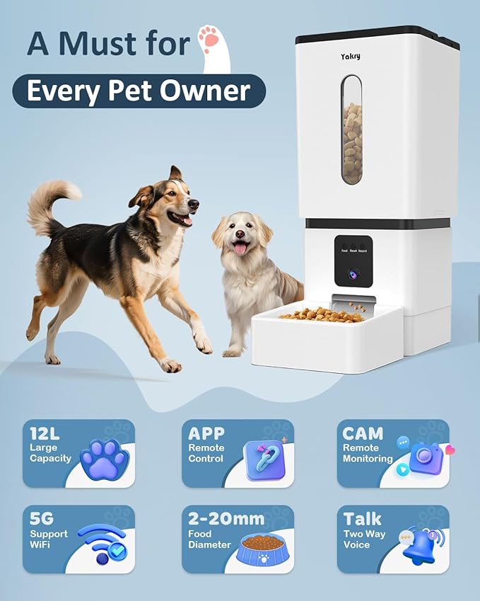 Automatic Dog Feeder Large Breed with Camera - 12L/50 Cups 5G WiFi App Control Dog Food Dispenser, Easy Setup, HD 1080P Video with Night Vision by Yakry