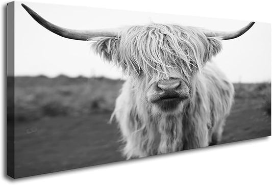 XXMWallArt FC3675 Highland Cow Canvas Art - Black and White Animal Wall Art for Living Room, Bedroom, Office Wall Decor