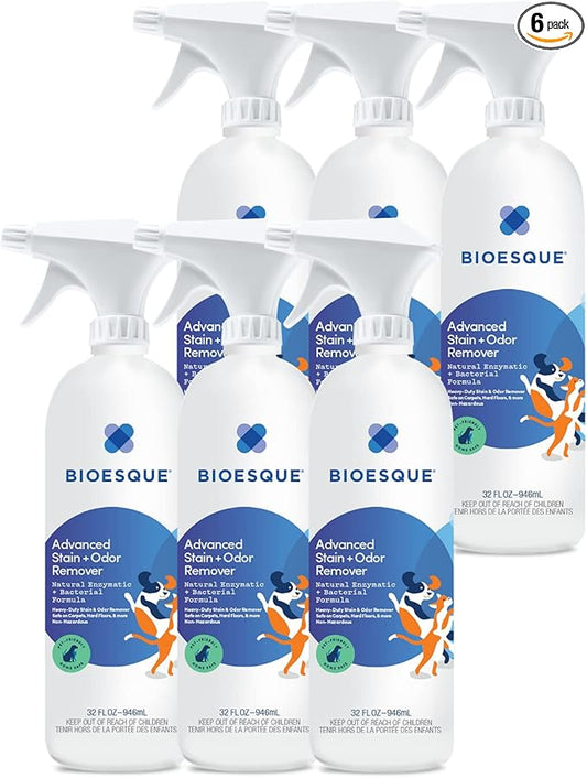 Bioesque Advanced Stain + Odor Remover, Pet-Friendly Natural Enzymatic & Bacterial Formula, Heavy-Duty Stain & Odor Remover, Safe on Carpets, Hard Floors, & More, 32 Fl Oz (Pack of 6)