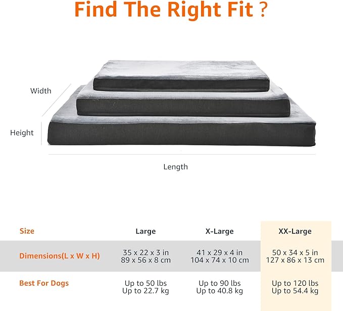 Amazon Basics Dog Bed with Cooling Gel Memory Foam, Pressure-Relief Support for Dogs up to 120lbs, Non-Slip Bottom, Machine Washable Cover, Giant Sized (50" x 34"), Grey