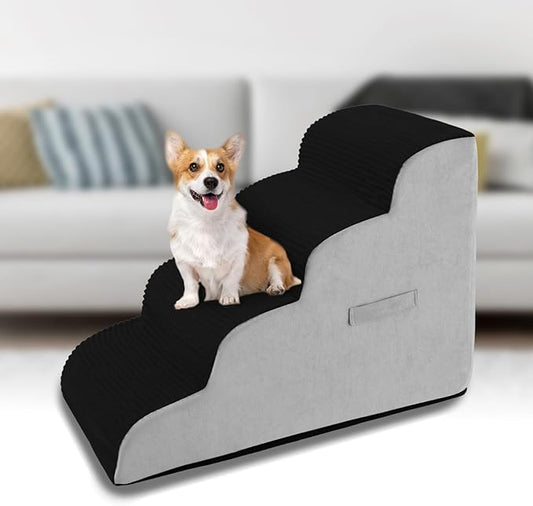 High Density Foam Dog Stairs Steps, Non-Slip Extra Wide Deep Pet Steps for Beds Or Couches, for Injured or Older Pets Dogs and Cats with Joint Pain (4-Tiers (Black))