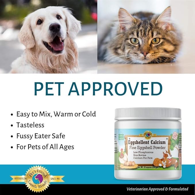 Calcium for Dogs and Cats - Fine Eggshell Powder - Strong Hip & Joint Supplement for Dogs and Cats- Dietary Supplement - No Additives - Pet's Friend Eggshellent Calcium 16oz
