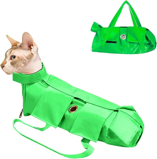 HDKUW Cat Grooming Bag,Foldable Travel Carrier for Cats,Anti-Bite Anti-Scratch Cat Grooming Restraint Bag,Pet Carrier for Administering Eye Drops,Ear Cleaner,Clipping Nails Green S