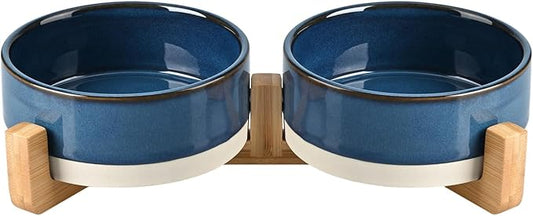 SPUNKYJUNKY Ceramic Dog and Cat Bowl Set with Wooden Stand, Modern Cute Weighted Food Water Bowl Set for Small Size Dogs (1.7 Cups, 2 × Pattern Blue)