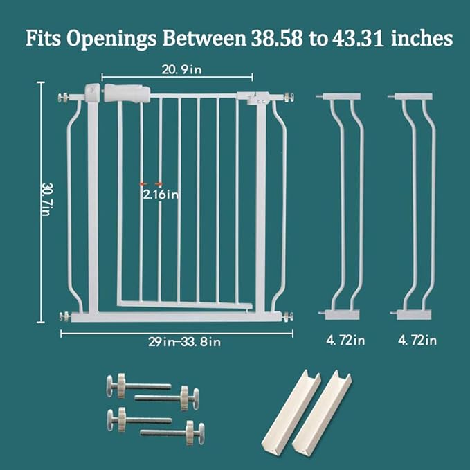 ALLAIBB Extra Wide Pressure Mounted Baby Gate Walk Through Child Kids Safety Toddler Tension White Long Large Pet Dog Gates with Extension for doorways Kitchen (38.58-43.31"/98-110cm)