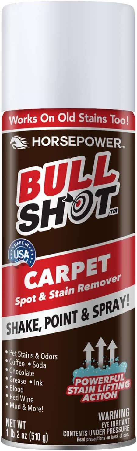 Bull Shot Carpet Spot & Stain Remover by Horsepower, AS-SEEN-ON-TV, Made In USA, Just Point & Spray, Stain-Lifting Foam-Action, Pet Stains & Odors, Coffee, Soda, Wine, Grease, New & Old Stains & More