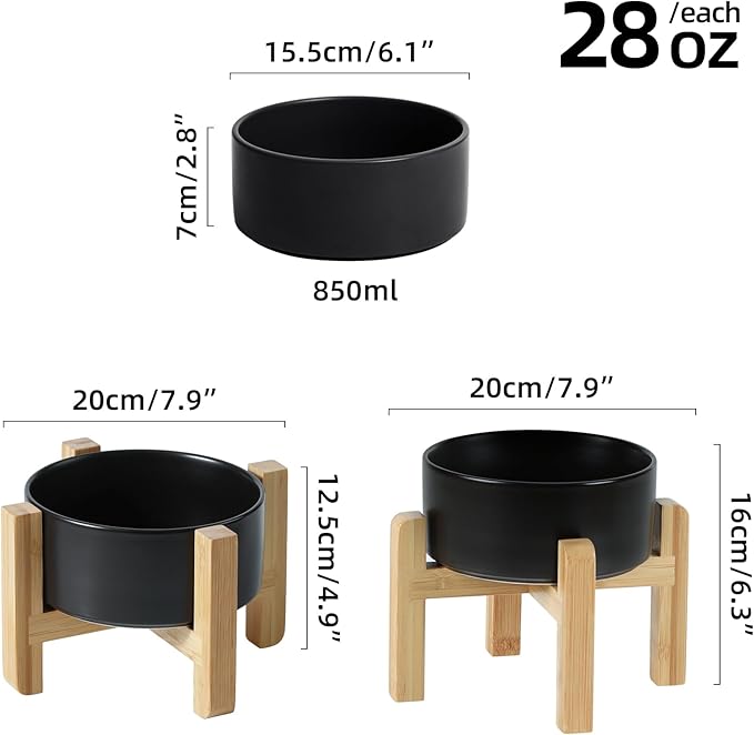 Ceramic Raised Dog and Cat Bowl Set, 2 Heights Elevated Stand, Food and Water Bowl for Small Breed Dogs, Weighted Dog Dishes, Pet Bowl(6.1'',28.7oz, Black)
