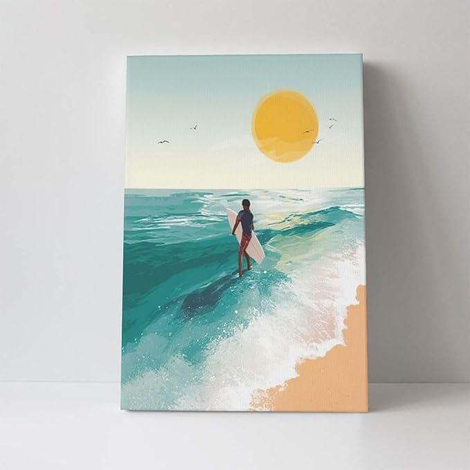 Beach Surfing Wall Art Ocean Coastal Wave Canvas Wall Decor Summer Nature Seascape Pictures Painting Print Framed Artwork Decorations for Bathroom Living Room Office Bedroom 16"x24"