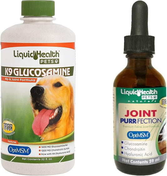 LIQUIDHEALTH Pets K9 Glucosamine Chondroitin Supplement for Dogs & Puppies & Joint Purr-Fection Hip & Joint Glucosamine Drops for Cats & Kittens - Pet Health Supplement Bundle for Mobility, USA Made