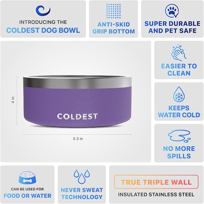 Coldest Dog Bowl - Anti Rust Metal, Non Slip, 3 Layers Insulated Stainless Steel Dog Bowls - Spill Proof & Heavy Duty - Water Bowl for Dogs, Cats & Pets, Dish Washer Safe (100 oz, Galaxy Purple)