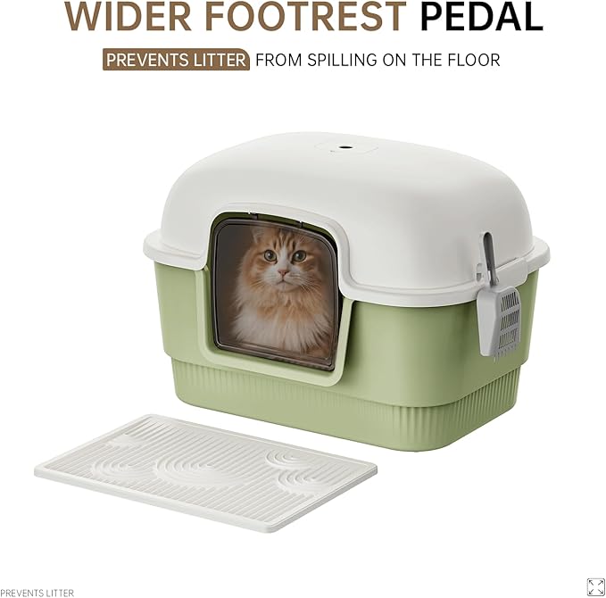 Cat Litter Box with Litter Mat and Scoop,High Wall Enclosed Cat Litter Boxes for Anti-Leakage, Covered Kitty Litter Box with Handle and Buckles for Portability and Privacy, Odor Control (Green)
