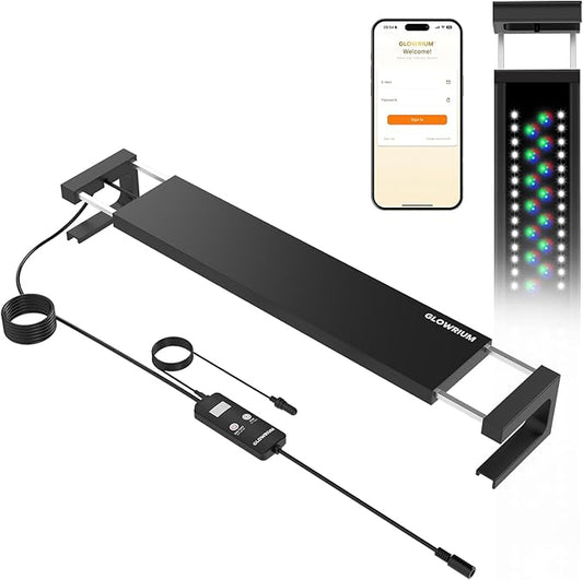 GLOWRIUM Smart Aquarium Light, Bluetooth + WiFi Dual Control Freshwater Fish Tank Light with App, Multi-preset Spectrum, Brightness Adjustable, Anti-Drop, Real Time Water Temperature Sensor (48-60 in)