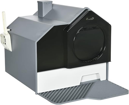 PawHut Hooded Cat Litter Box with Kitty Litter Mat, Kitty Litter Pan with Odor Control, Easy-Clean Pull-Out Drawer, Handle, Scoop, Gray