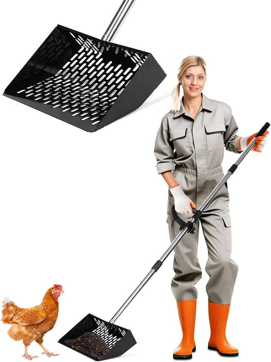 Chicken Poop Scooper with Ergonomic D-Grip 64" Long Handle 4 Sections Adjustable Stainless Steel Chicken Coop Scooper for Sand Sifting Shovel Farm Beach Garden Yard Waste Litter Pooper Cleaning Tools