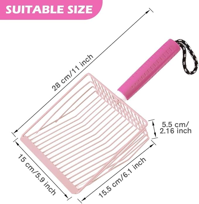 Cat Litter Scoop, 2-in-1 Detachable Ergonomic Handle, Metal, Bar Grid Shape with Suspendable Cord (Pink)