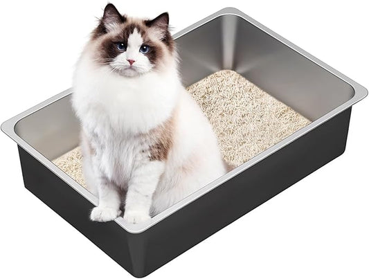 Ohtomber Stainless Steel Litter Box - Large Metal Cat Litter Box Pan High Sided, Never Absorbs Smell, Easy to Clean Non Stick Litterbox Tray Toilet Pet Supplies for Indoor Big and Small Cats, Kitten