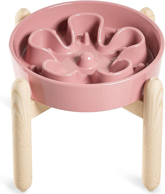 LE TAUCI Ceramic Slow Feed Dog Bowls, Elevated for Small and Medium Breed Dogs, Anti-Gulping Pet Feeding Dishes, Flower Pink, 1.5 Cups