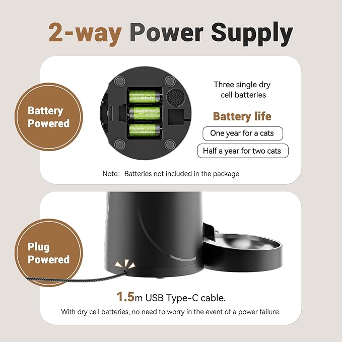 Automatic Cat Feeder for 2 Cats - 16 Cups/4L Timed Auto Pet Feeder with Portion Control (1-6 Meals), Dual Power& Easy to Clean for Indoor Cats & Small Dogs