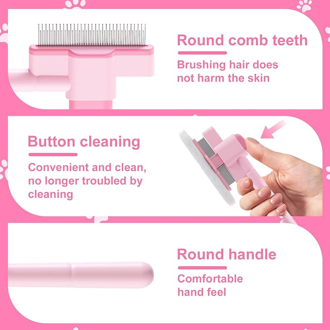 2PCS Flea Comb for Cats and Dogs with Pet Hair Remover Glove, Self Cleaning Pet Flea Cat Grooming Brush with Release Button for Massaging and Cleaning Shedding Pets Hairs