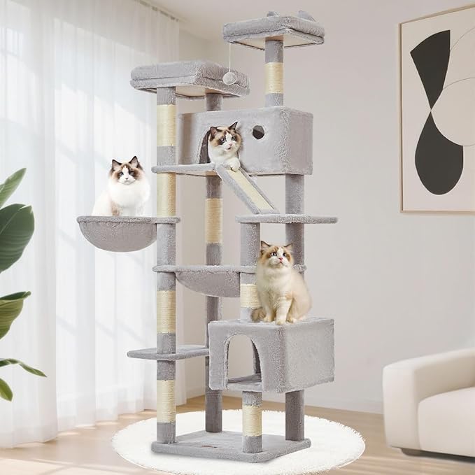 Taoqimiao Cat Tree 71-Inch, Cat Tower for Indoor Cats Large Adult, Multi-Level Large Cat Condo, 8 Sisal Scratching Posts, Metal Frame Cozy Hammock, Scratch Board, 2 Top Perches, Light Gray MS026LW