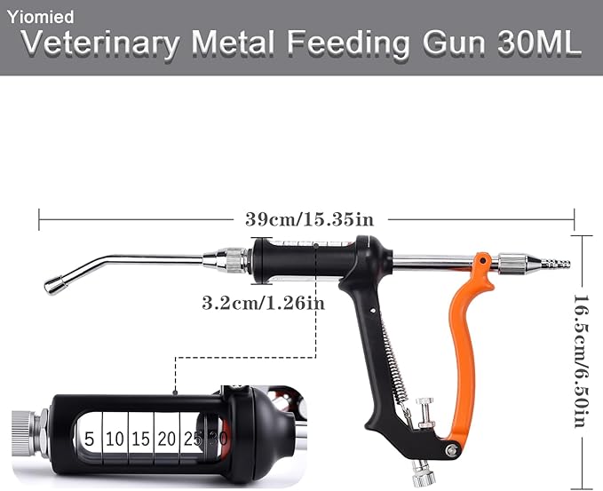 30ML Veterinary Metal Feeding Gun, Continuous Drench Gun Dosing Device Veterinary Adjustable Medicine Dispenser Husbandry Autonomous Feeding Tool, Pig Cattle, Sheep, Horse for Drench Gun