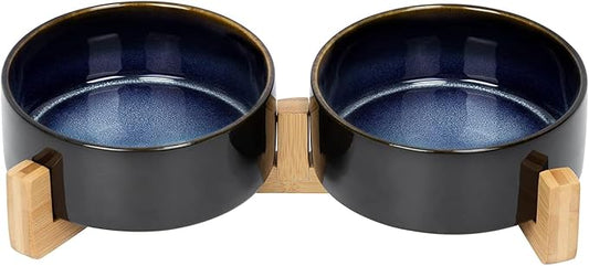 SPUNKYJUNKY Ceramic Dog and Cat Bowl Set with Wooden Stand, Modern Cute Weighted Food Water Set for Small Size Dogs (13.5OZ) & Medium Sized Dogs (28.7OZ) & Cats (1.7 Cups, 2 × Starry Blue)