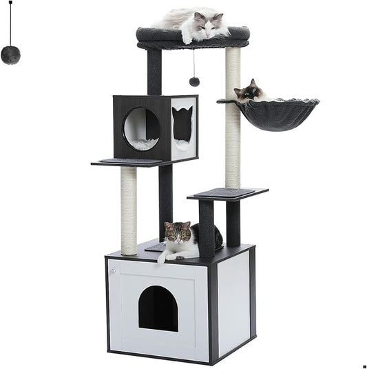 Tall Cat Tree with Litter Box Enclosure 56.7" Wooden Cat Tower for Large Cats with Cat Hammock House Bed (Wood Black)