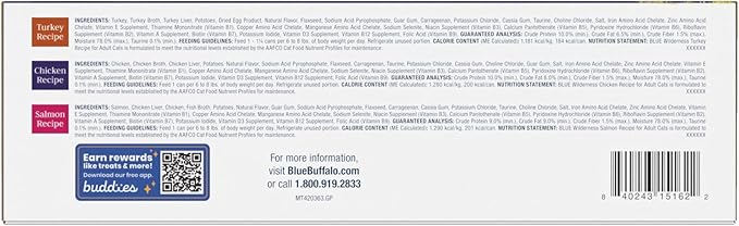 Blue Buffalo Wilderness High Protein, Natural Adult Pate Wet Cat Food Variety Pack, Chicken, Salmon, Turkey 5.5-oz can (12 count - 4 of Each Flavor)