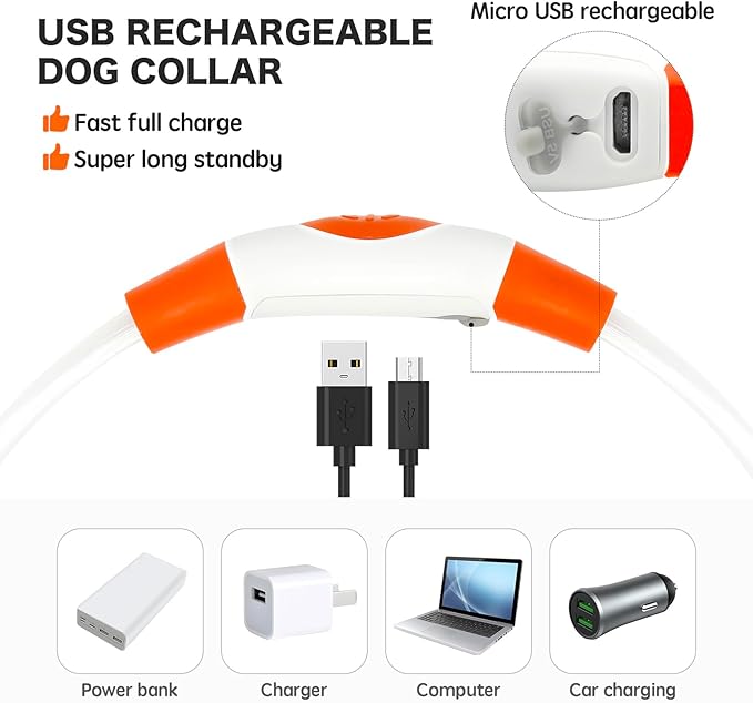 BSEEN Light Up Dog Collar - Rainproof LED Dog Collar Rechargeable - TPU Cuttable Glowing Pet Collar for Small Puppies& Cats, Safety Dog Lights for Night Walking& Camping (XS- Orange 40cm)