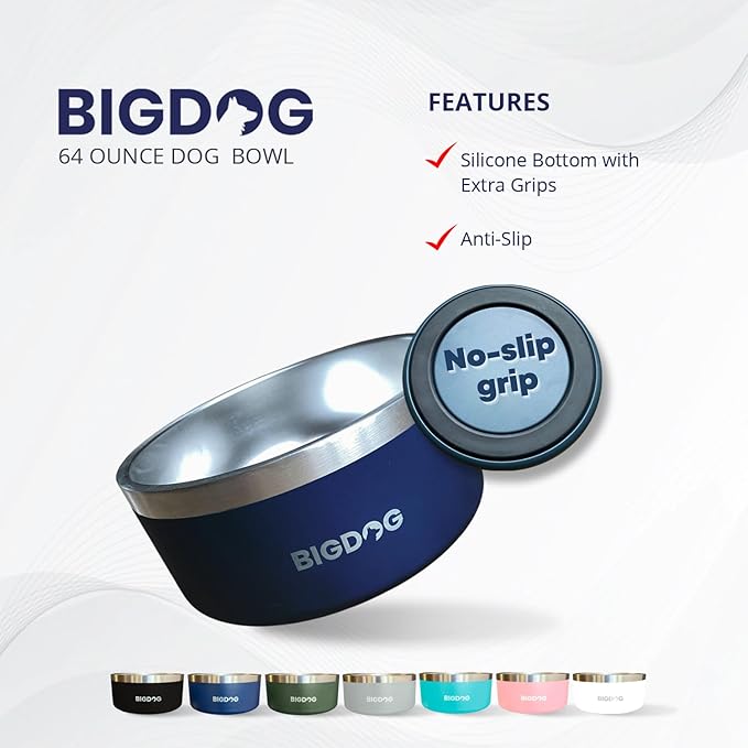 BIGDOG Dog Bowls, Large Dog Bowls, Stainless Steel, No Spill, 64 Ounce, White