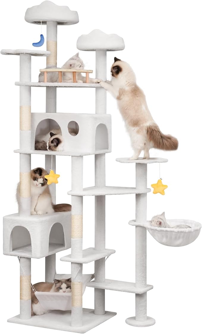 85in Tall Cat Tower for Heavy Duty Big Cats, Large Cat Tree with Scratching Post, Plush Perches, Cozy Cat Condos & Hanging Hammocks for Maine Coon, White