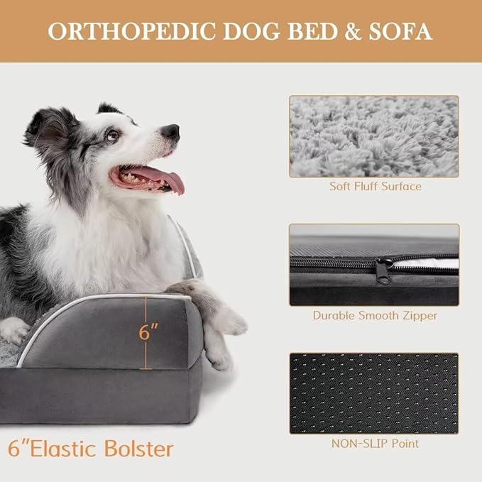 Comfort Expression XXL Orthopedic Dog Bed for Extra Large Dogs, Waterproof Orthopedic Foam Dog Beds, Washable Dogs Sofa Beds with Removable Cover & Non-Slip Bottom(XX-Large,Grey)