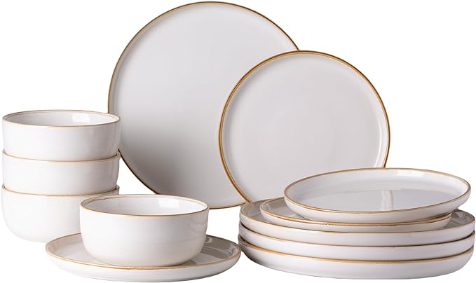 GBHOME Ceramic Dinnerware Sets for 4, 12 Pieces Stoneware Plates and Bowls Sets, Scratch Resistant Dishes, Dishwasher & Microwave Safe, Reactive Glaze-White