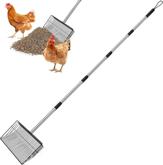 SlowTon 10-inch Large Chicken Poop Scooper - 5 in 1 Multifunctional Chicken Litter Scoop with 35 to 67in Stainless Steel Handle, Heavy Duty Chicken Coop Cleaning Tool Litter Sifting Shovel