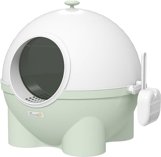 PawHut Hooded Cat Litter Box, Large Kitty Litter Pan with Lid, Scoop, Leaking Sand Pedal, Top Handle, Light Green