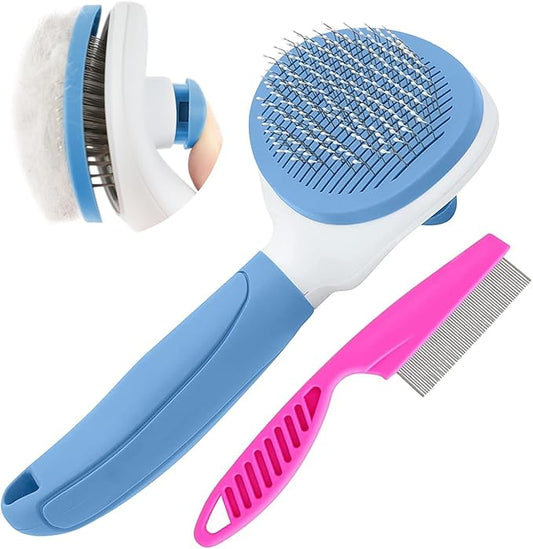 Cat Brush for Shedding and Grooming, Pet Self Cleaning Slicker Brush with Cat Hair Comb by KALAMANDA (Blue)