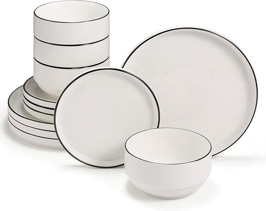 Ceramic Dinnerware Set, 12-Piece Service for 4, Round, Microwave and Dishwasher Safe, Cambridge Classics (French)